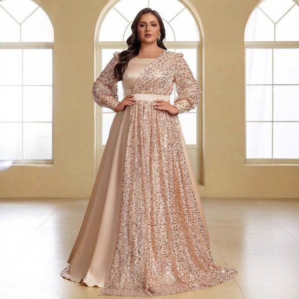 Women's Plus Size Formal Evening Dress Elegant Sequined Satin Lantern Sleeve Round Neck FSSL6225-image