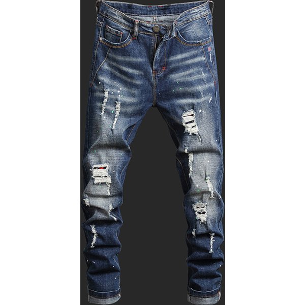 Men's Slim Tapered Jeans – Distressed Blue Denim Pants With Artistic Washes, Hand-Painted Details & Micro-Stretch (28-38, Mid-Rise Straight Fit)-image