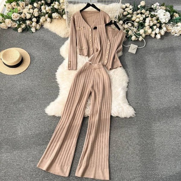 Women's Clothing High End Suit Spring Women's Metal Buckle Vest Versatile Knitted Cardigan Wide Leg Pants Fashion Three Piece Set-image