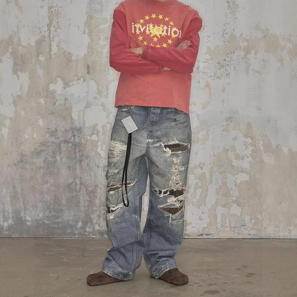 Men's Distressed Straight Leg Jeans 3D Digital Print Ripped And Wrinkled Blue Dirty Street Style American Fit Casual Pants
