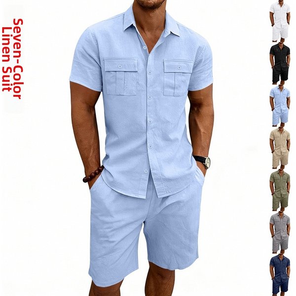 Men's Summer Linen Shirt And Beach Shorts Set Casual Outdoor Commuting Workwear Short Sleeved Clothing