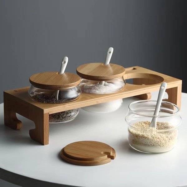 Glass Spice Jar Set Kitchen Seasoning Containers With Wooden Stand Salt Sugar Shakers Airtight Lids Easy Pour Design Minimalist Pantry Organization-image