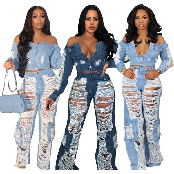 Women's Clothing New Women's Jeans F88493 Spot Fashion Casual Ripped Jeans-image