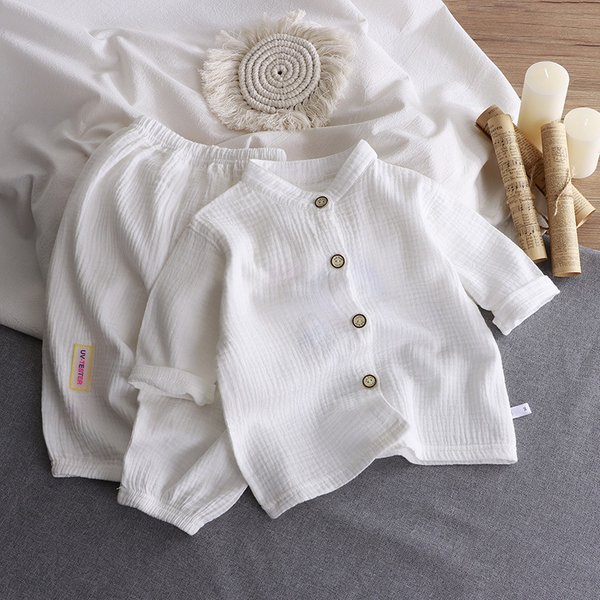 Kid's Clothing Children's Stand Up Collar Cotton Gauze Suit Summer Thin Boys And Girls Pure Cotton Home Clothes Baby Gauze Air Conditioning Clothes-image
