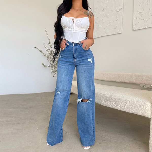 Women's Jeans Long Section High Waist Ripped Holes Raw Edge Hot Sale European And American Style Comfortable Wide-Leg Pants-image