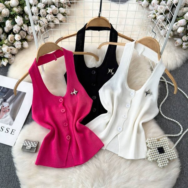 Women's Clothing Fashion Design Halter Neck Backless Single Breasted Slim Fit Knitted Vest For Women To Wear Base Shirt