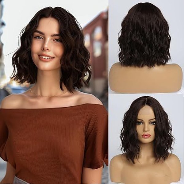 Wig Ladies Front Lace Chemical Fiber Headpiece Brown Middle Parted Short Curly Water Ripple Small Lace Wig-image