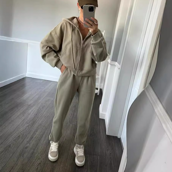 Women's Clothing Solid Color Long Sleeved Zipper Hoodie Elastic Lace Up Pants Two Piece Set