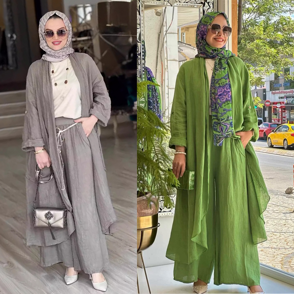 Women's Muslim Cotton And Linen Comfortable And Fashionable Loose Long Cardigan Casual Wide-Leg Pants Two-Piece Set-image