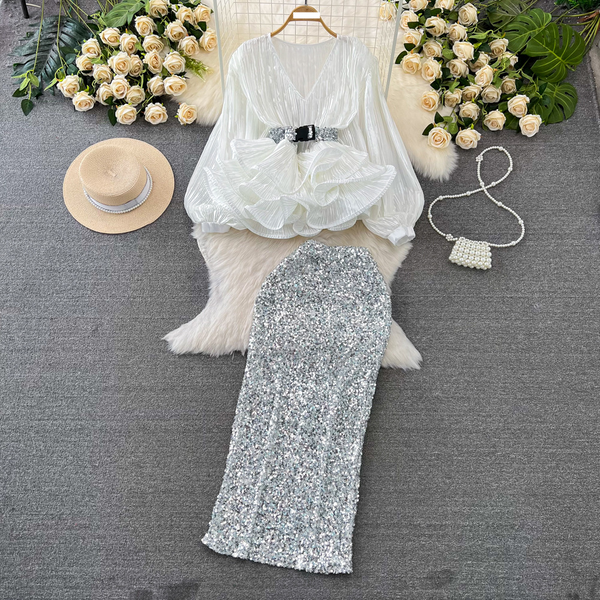 Women's fashion set female socialite temperament lantern long sleeve V-neck lotus leaf bright face shirt women's high waist sequin skirt
