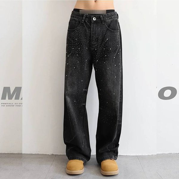 Men's Black Distressed Rhinestone Jeans - Loose Fit Streetwear Denim Pants With Star Embellishments-image