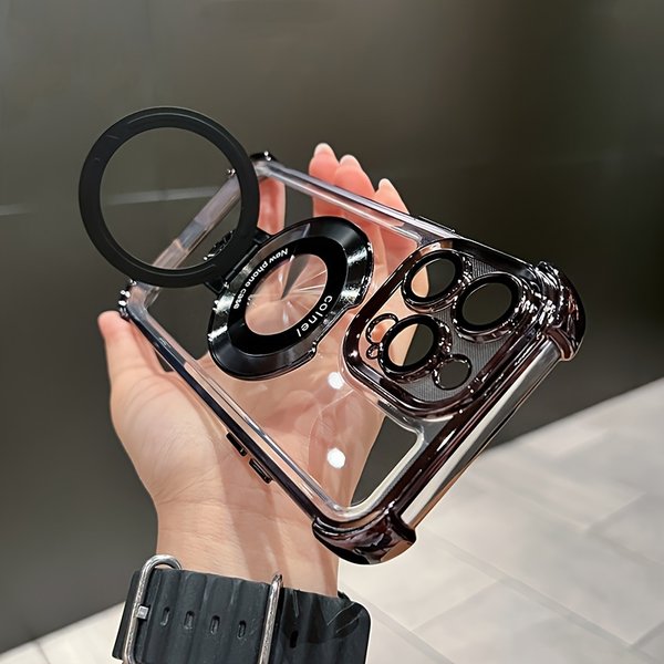 Electroplating Clear Kickstand Case For Iphone 13 12 Pro Max 14 15 Plus With Magnetic Bracket Holder Mobile Phone Shell-image