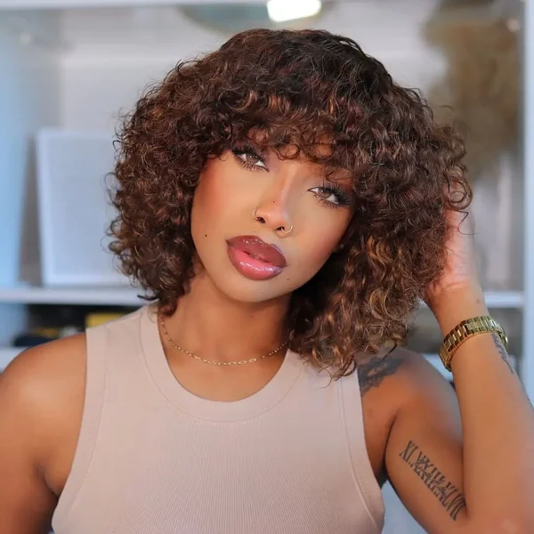 Brown Short Pixie Curly Bob Cut Human Hair Wigs With Bangs Jerry Curly Wig Highlight Colored Wigs For Women