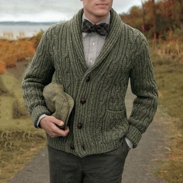 Men's Winter Knit Cardigan With Notch Lapel, Long Sleeve Single Button Cable Design – Slim Fit, Stretchable Breathable, Casual Business Wear -image