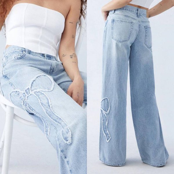 Women's Butterfly Embroidered Jeans Fashion Baggy Straight Pants Casual Vintage High Street Pant Y2K Popular Wide Leg Trousers-image