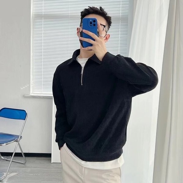 Men's Clothing Autumn New Style Half Zip Sweatshirt Men's American Retro Loose Casual Design Niche Top Solid Color Pullover-image