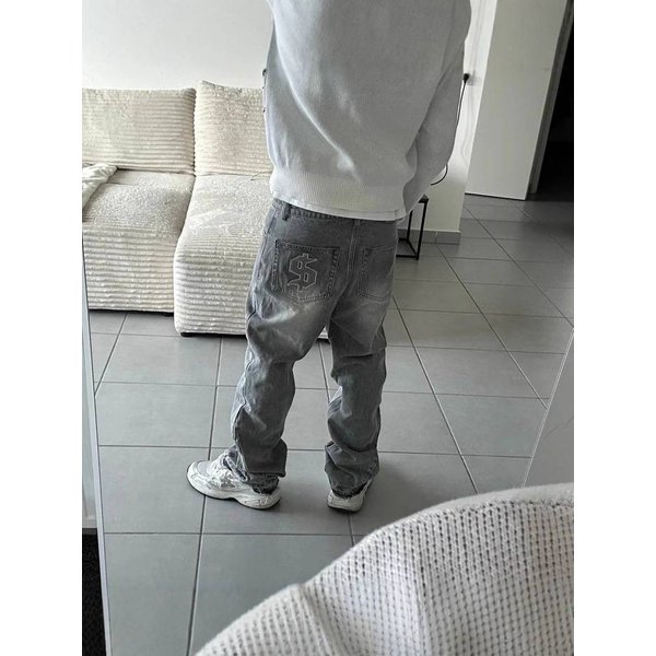 Men's Grey Embroidered Crewneck Sweater High Street Jacquard Knitwear Casual Fashion Top Loose Fit For Autumn Winter