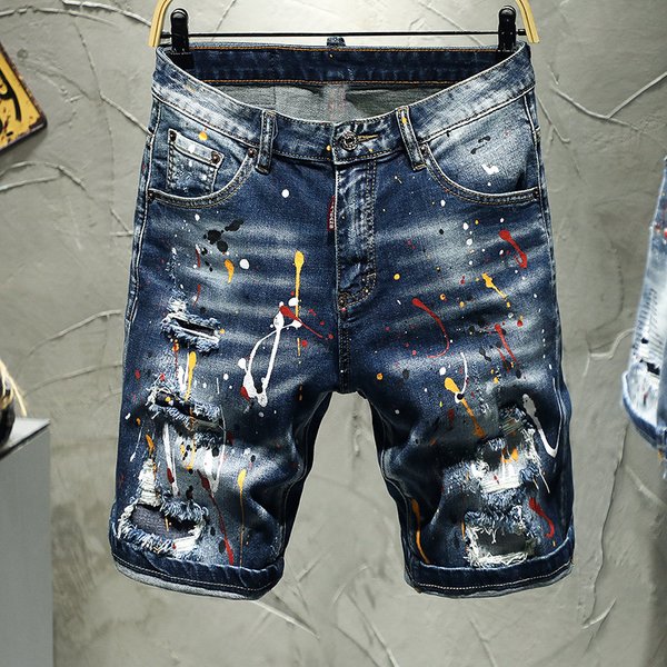 Men's Denim Shorts Painted And Tattered Patchwork Slim Fit Elastic D2 Jeans Trendy Men's High Street Beggar Pants TC055-image
