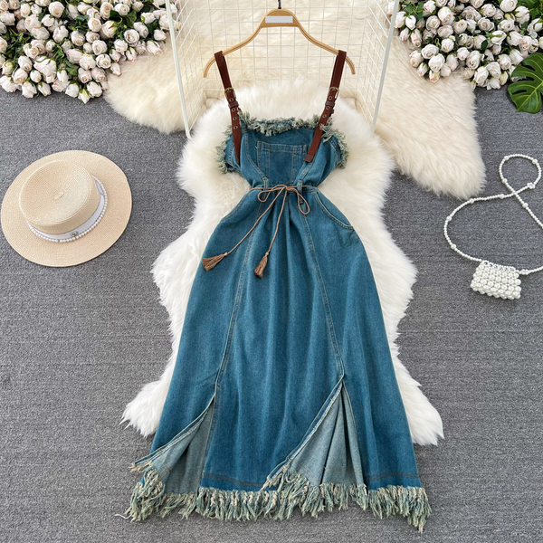 Women's Clothing Retro Design Tube Top Waist Slimming Medium Long Split Tassel A-Line Denim Suspender Dress Summer-image
