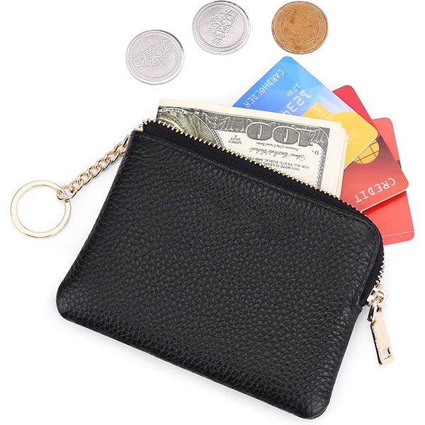 Women's Genuine Leather Coin Purse Simple First Layer Cowhide Zipper Wallet with Key Ring