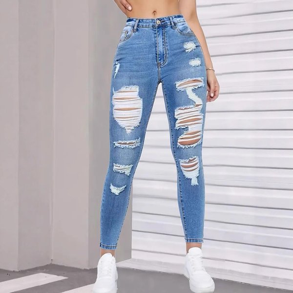 Women's High Waist Ripped Stretch Skinny Jeans - Trendy Distressed Denim Pants With Comfort Fit (S-XXL, Light Blue)