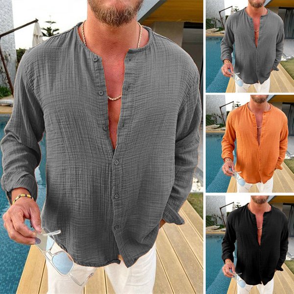 Men's Cotton And Linen Solid Color Double Layer Wrinkled Long Sleeved Shirt Fashion Loose Casual Comfortable Shirt-image