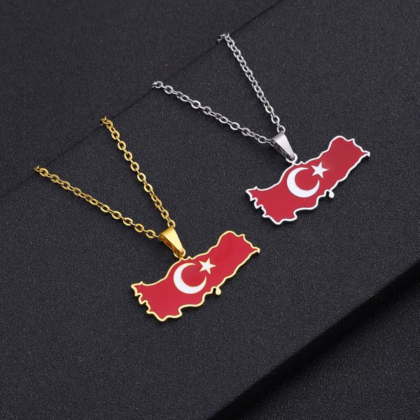 Hot Selling Turkey Map Pendant Stainless Steel Necklace Oil Dropping Map Geometric Ethnic Style Jewelry-image