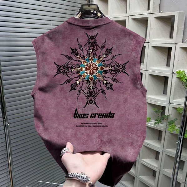 Trendy Streetwear Men's Sleeveless T-Shirt Summer Tie Dye Print Loose Top Vest Summer-image