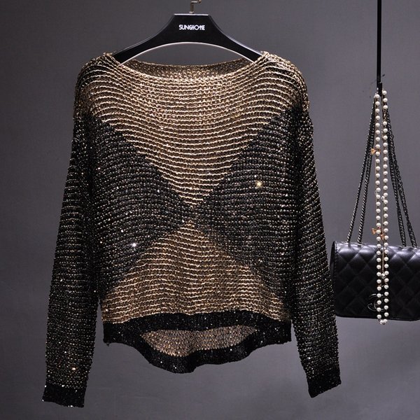 Cross-border Hot Selling European And American Hollow Sequins Loose Knitwear Pullover Bright Silk Base Shirt Long Sleeve Round Neck Top For Women