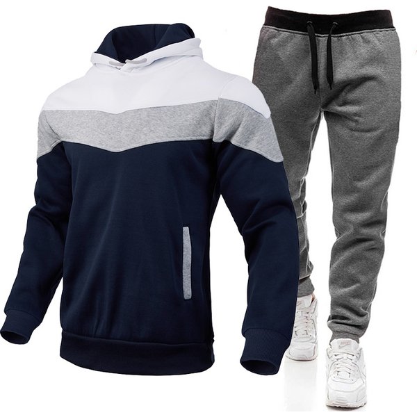 Men's Clothing stitching sweater hoodie trousers suit fleece-lined warm sweatshirt pullover suit