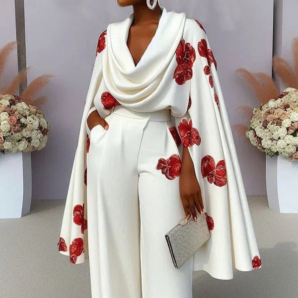 Women's Clothing New Products Printed Pile Collar Long Sleeve Two Piece Suit Trousers Suit-image