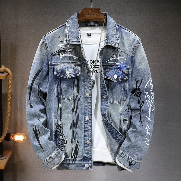 Men's Clothing New Versatile Men's Jackets Spring And Autumn High End Trendy Brand Graffiti Print Fitted Denim Jacket For Men-image