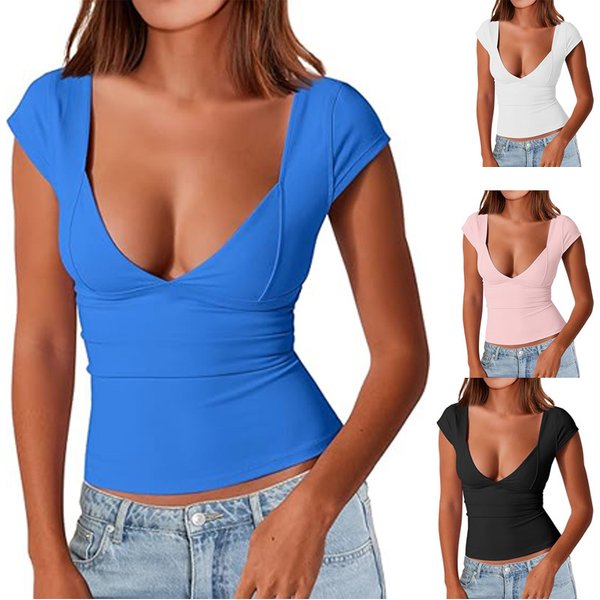 Women's Clothing Sexy Deep V Neck Halter Top Short Sleeve Slim Fit T Shirt Basic Style-image