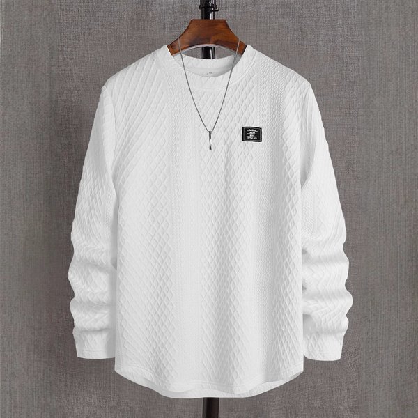 Men's Clothing New Autumn And Winter Men's Letter Patch Chest Details Casual Loose Round Neck Pullover Long Sleeve White Sweatshirt-image