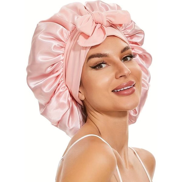 Elastic Ribbon Bow Satin Round Hat Solid Color Silk Sleeping Hat Confinement Hat Beauty Hair Care-image