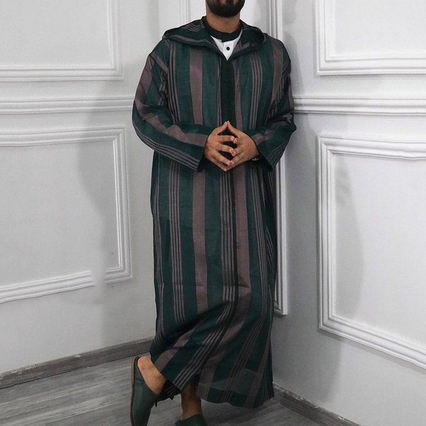 Men's Clothing Ethnic Style Men's Clothing 2024 Autumn New Color Matching Striped Long Muslim Robe Hoodie-image