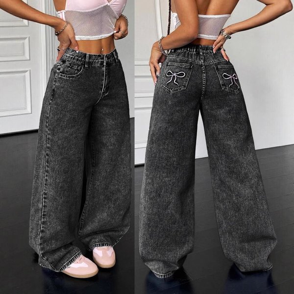Vintage High-Waisted Jeans – 90S Retro Straight Leg (Black, Non-Stretch Cotton, Unisex Fit S-XL, Washed & Embroidered Detail)-image