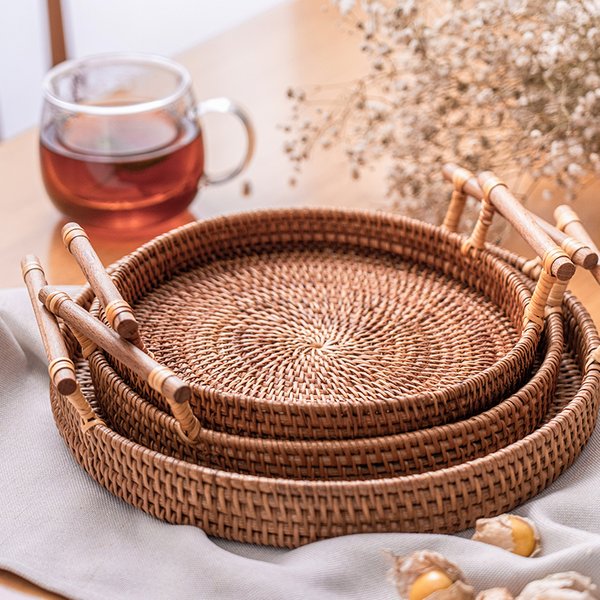 Handwoven Rattan Storage Tray With Wooden Handle Round Wicker Basket Bread Food Plate Fruit Cake Platter Dinner Serving Tray-image