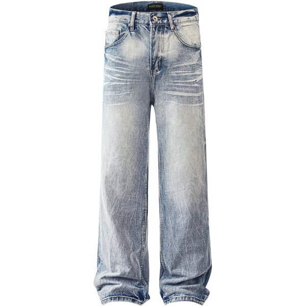 Men's Clothing Retro Washed Distressed White Jeans Men's Trendy Loose Straight Pants Versatile Wide Leg Mopping Trousers