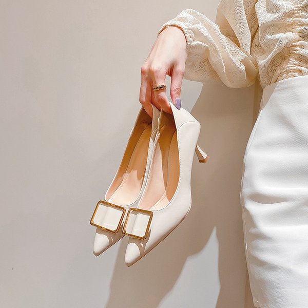 Women's Shoes Square Buckle Soft Leather High Heels Women's Stiletto Pointed French Style Medium Heel Ladies Single Shoes Huizhou Women's Shoes-image