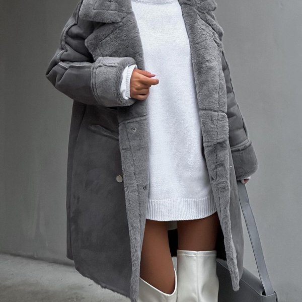 Women's Clothing New Furry Suede Coat Suit Collar Long Cardigan Long Sleeve Plush Jacket-image
