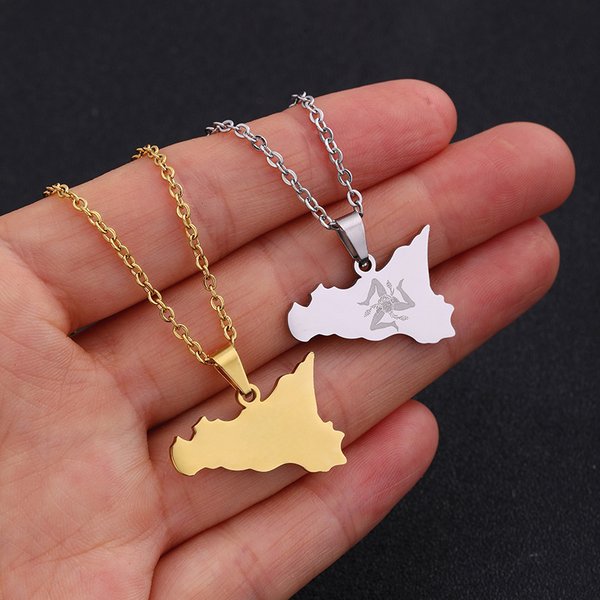 Italy Sicily Map Flag Stainless Steel Pendant Necklace Female Geometric Titanium Steel Clavicle Chain-image