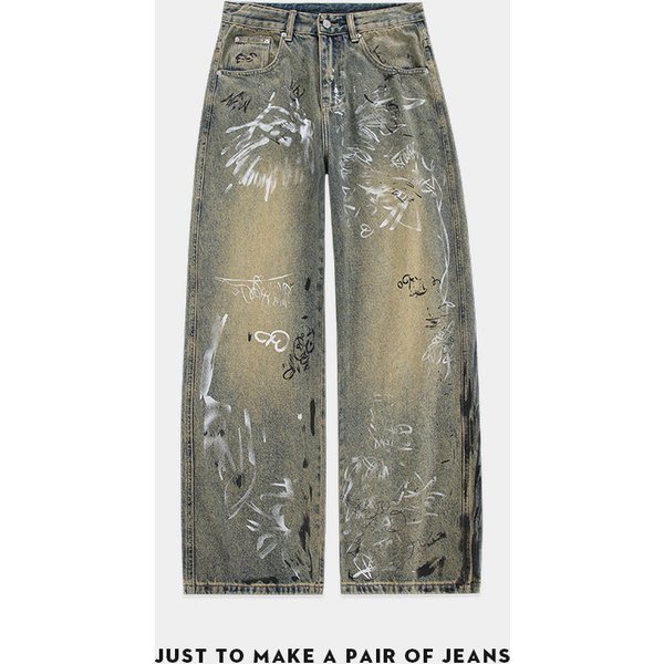 Men's Clothing Graffiti Hand Painted Distressed Washed Jeans For Men Summer Trendy High Street Loose Wide Leg Straight Casual All Match Trousers