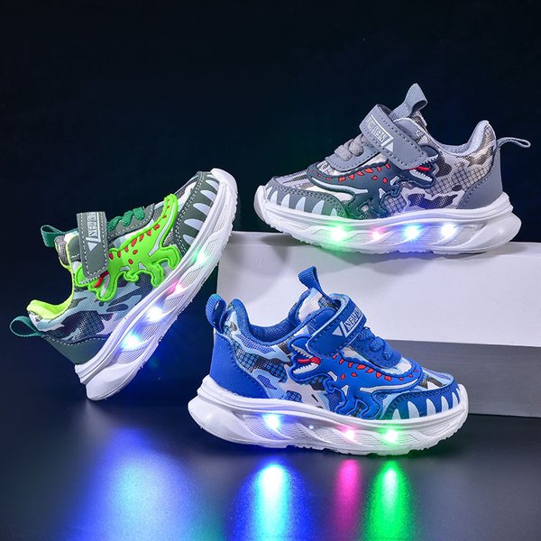 Boys' Sneakers New Style Cartoon Boys Dinosaur Sports Shoes Small And Medium Children's Leather Daddy Shoes Baby Light Shoes Trend