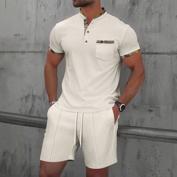Men's Clothing Independent Station Men's Summer New Hot Sale Waffle Stand Collar Color Matching Short Sleeved Shorts Casual Suit-image