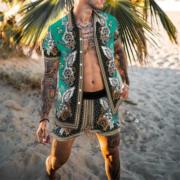 Summer Men's Shirt Casual Loose Short Sleeved Shorts Beach Set-image