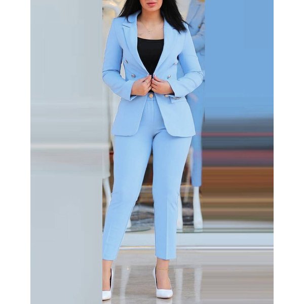 Women's Elegant Commuter Suit Set In Solid Color With Split Sleeves, Pockets, And Straight-leg Trousers With A Lapel.