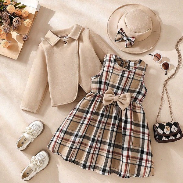 Coat + Plaid A Line Skirt + Bow Hat Autumn And Winter Girls Suit Three Piece Set-image
