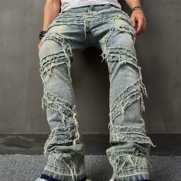 Men's Clothing New Ripped Men's Jeans With Whiskers, Fashionable Elastic Loose Wide Leg Pants, Casual Men's Trousers-image