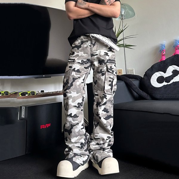 High Street Vintage Flare Cargo Jeans – Slim Fit Camo Utility Pants With Distressed Wash (S-XXXL, Unisex Streetwear Trousers)